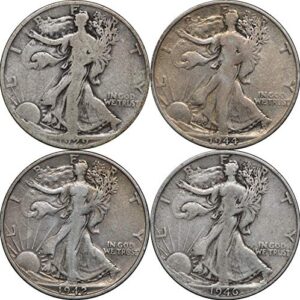 1916-1947 walking liberty silver half dollars, 4 coins, 2 face avg. condition