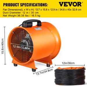 VEVOR Utility Blower 12 inch Ventilator Blower 2800RPM Extractor Fan Blower Portable Industrial High Velocity Blower with 10 m Flexible PVC Ducting(with 10m Hose)