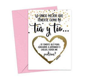 spanish will you be my godmother godfather scratch off card, card for tia y tio promotion to padrinos from niece nephew goddaughter godson (tia y tio)