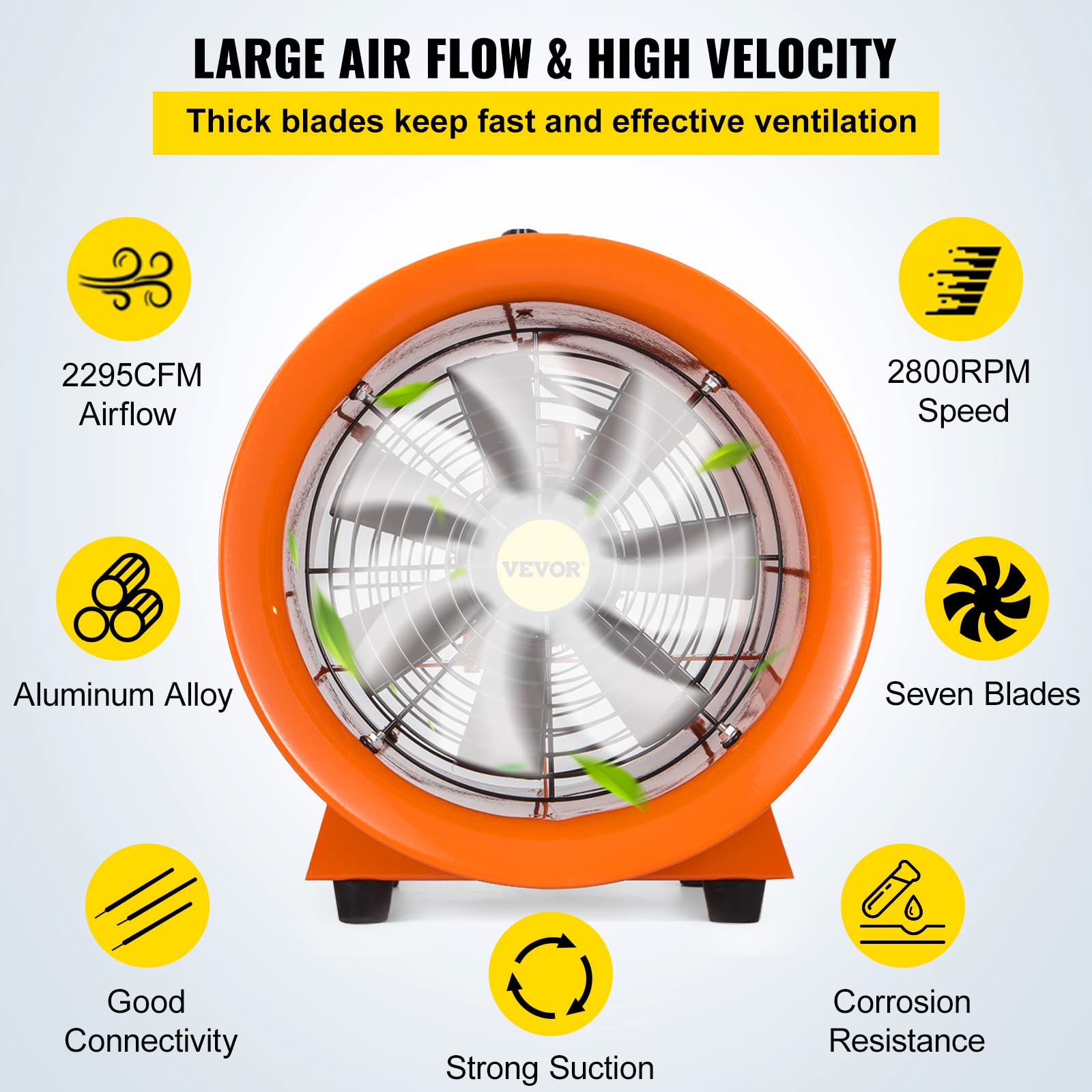 VEVOR Utility Blower 12 inch Ventilator Blower 2800RPM Extractor Fan Blower Portable Industrial High Velocity Blower with 10 m Flexible PVC Ducting(with 10m Hose)