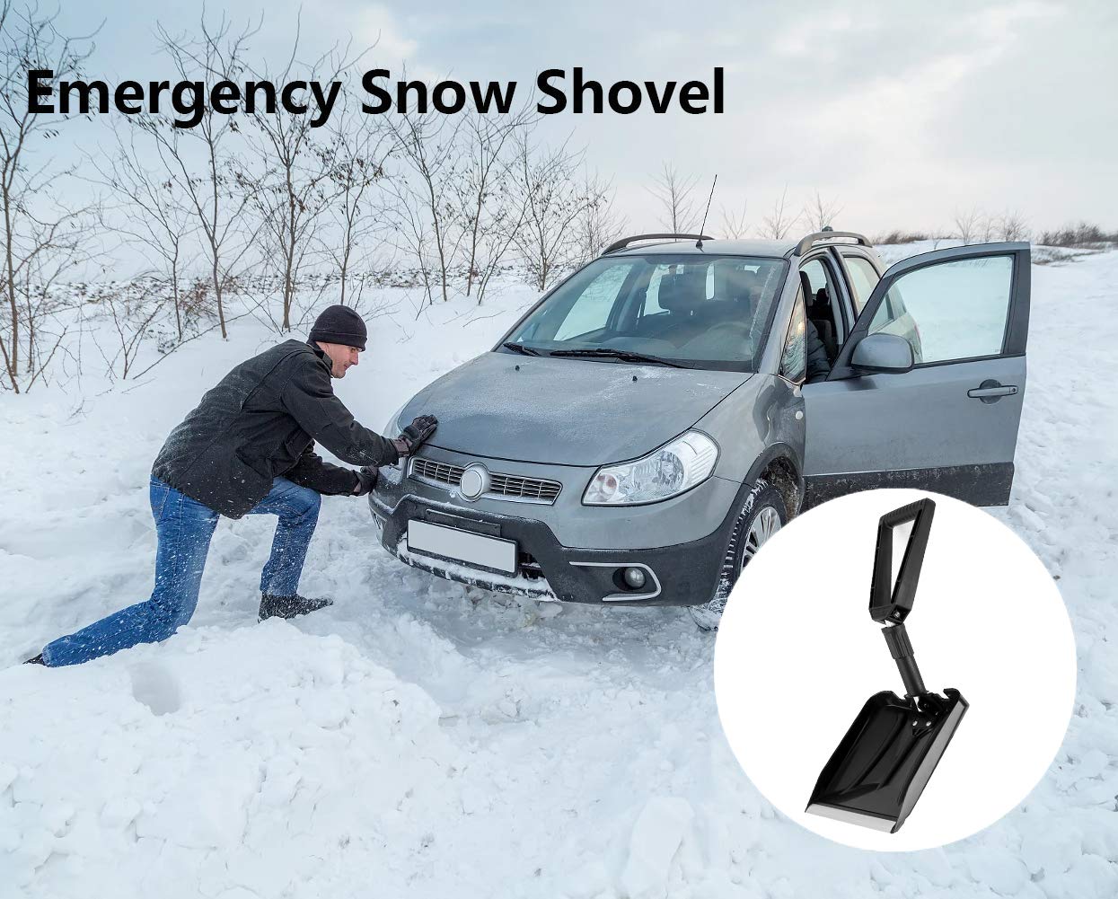 ELIVERN Foldable Snow Shovel, Compact Snow Shovel with Comfortable D-Grip Handle and Durable Aluminum Edge Blade, 13"-26" Portable Snow Shovel for Car, Truck, SUV (9" Blade)