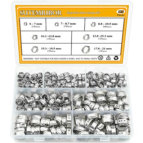 Sutemribor 304 Stainless Steel 7-21mm Single Ear Hose Clamps Assortment Kit, 128PCS