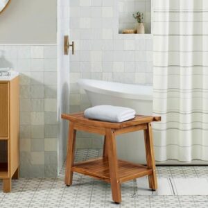 Rose Home Fashion Teak Shower Bench, Teak Shower Stool, 18" Teak Wood Bath Spa Shower Stool Corner Bench Stool, All Teak Wood Corner Seat Shower Bench/Stool,Assembly Required