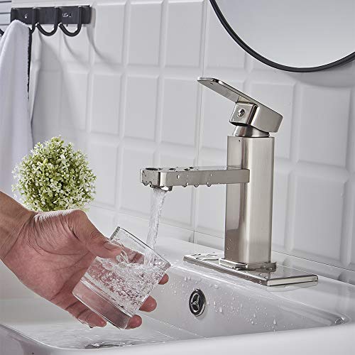 VOTON Brushed Nickel Bathroom Faucet Single Hole,Modern Square Single Handle Bathroom Sink Washbasin Vanity Sink Faucet with Deck