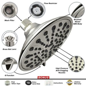 ShowerMaxx, Elite Series: Brushed Nickel Rain Shower Head, 6 Inch 6 Spray Settings Adjustable Rainfall Showerhead with 360 Degree Tilt, Experience MAXX Comfort and Elegance (Brushed Nickel)