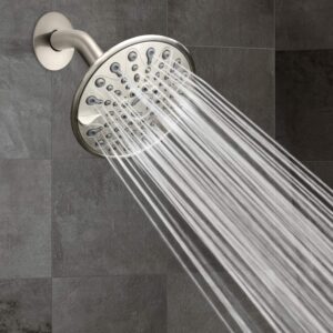 ShowerMaxx, Elite Series: Brushed Nickel Rain Shower Head, 6 Inch 6 Spray Settings Adjustable Rainfall Showerhead with 360 Degree Tilt, Experience MAXX Comfort and Elegance (Brushed Nickel)