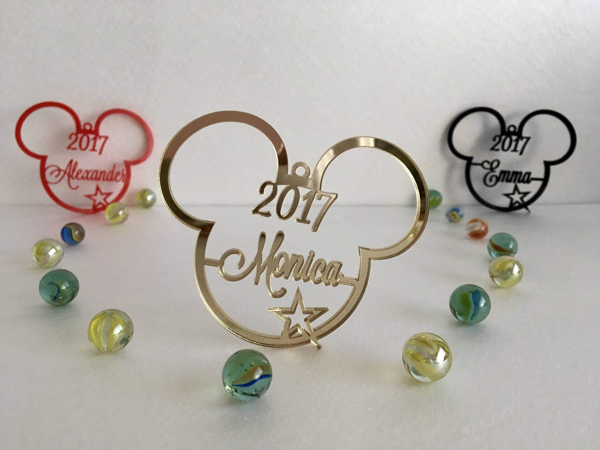 Mickey Mouse Christmas Tree Decoration 2023 Ornament Personalized Name Bauble Disney Party Favor Decor 1st Xmas 2024 Gift for Kids First Birthday Decor Hanging Cute Minnie Mouse Head Acrylic Ornaments