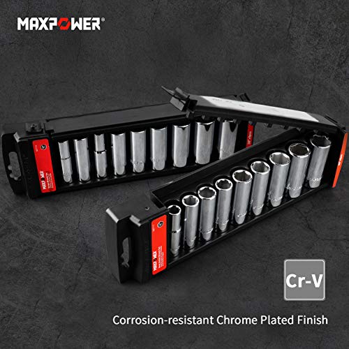 MAXPOWER 3/8-Inch Drive Deep Socket Set, SAE/Inch, 9 Pieces, 6 Point Socket Set, 3/8", 7/16", 1/2", 9/16", 5/8", 11/16", 3/4", 13/16", 7/8"