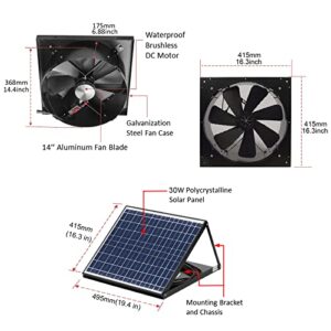 GBGS 30W Solar Powered Exhaust Fan AC Power Backup, Built-in Thermostat Switch, 1750CFM, 4200sq/ft Ventilation, IP68 Brushless DC Motor, Adjustable Solar Panel, 40db, 47.5ft Cable, Double Rust Free