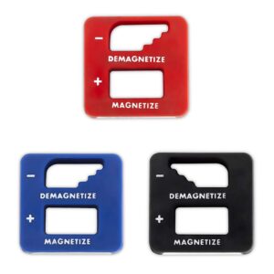 katzco precision demagnetizer-magnetizer - pack of 3 colors - black, red, blue - for screwdrivers, small tools, small, big screws, drills, drill bits, sockets, nuts, bolts, nails, construction tools