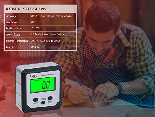 Digital Angle Finder by TickTockTools - Magnetic Mini Level and Bevel Gauge - Woodworking with Table or Miter Saw - Inclinometer - Precise Measurement Tool with LCD and Backlight - 180 Degree Rotation