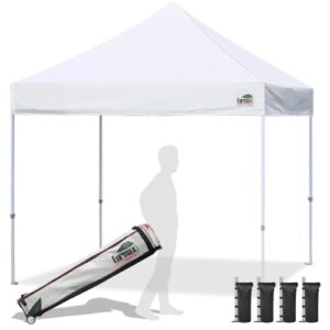eurmax usa signature 10x10ft patio pop up canopy tent for outdoor events commercial instant canopies with heavy duty roller bag,bonus 4 canopy sand bags (white)