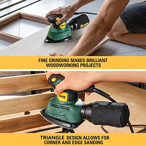 TECCPO Detail Sander, 14,000 OPM Compact Electric Sander with 12Pcs Sandpapers, Efficient Dust Collection System, Multi-Function 1.1Amp Hand Sander for Woodworking -TAMS22P