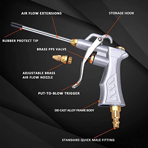 Industrial Air Blow Gun with Brass Adjustable Air Flow Nozzle and 2 Steel Air flow Extension, Pneumatic Air Compressor Accessory Tool Dust Cleaning Air Blower Gun-2 Pack