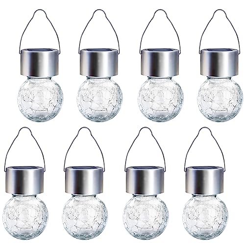 GIGALUMI 8 Pack Solar Hanging Lights, Christmas Decoration Lights with Multi-Color Changing Cracked Glass Hanging Ball Solar Outdoor Lights Waterproof Solar Lanterns for Garden, Yard, Patio, Lawn