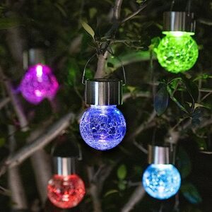 gigalumi 8 pack solar hanging lights, christmas decoration lights with multi-color changing cracked glass hanging ball solar outdoor lights waterproof solar lanterns for garden, yard, patio, lawn