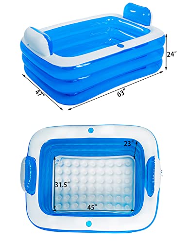 Gweaty XL Blue Color Inflatable Bathtub Plastic Portable Foldable Bathtub Soaking Bathtub Home SPA Bath, 160x120x60cm