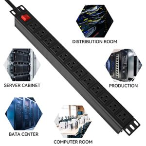 BTU Power Strip Surge Protector Rack-Mount PDU, 12 Outlet Power Strip with Switch, Metal Mountable Power Strip Heavy Duty for Server Racks, Garage Shop Power Strip, Industral Commercial (Black 6FT)