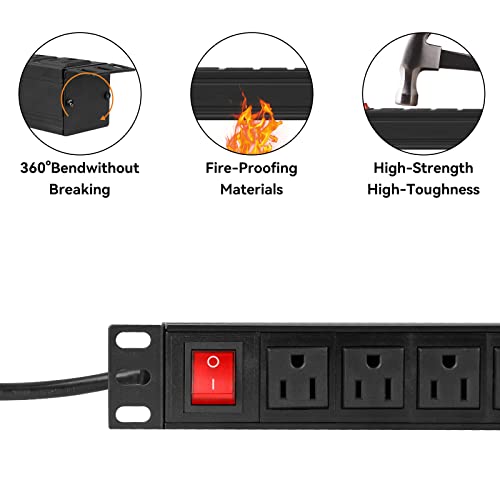 BTU Power Strip Surge Protector Rack-Mount PDU, 12 Outlet Power Strip with Switch, Metal Mountable Power Strip Heavy Duty for Server Racks, Garage Shop Power Strip, Industral Commercial (Black 6FT)