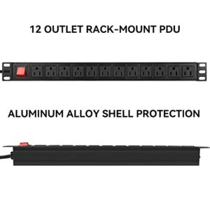 BTU Power Strip Surge Protector Rack-Mount PDU, 12 Outlet Power Strip with Switch, Metal Mountable Power Strip Heavy Duty for Server Racks, Garage Shop Power Strip, Industral Commercial (Black 6FT)