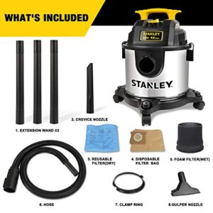 STANLEY 4 Gallon Wet Dry Vacuum, 4 Peak HP Stainless Steel 3 in 1 Shop Vacuum Blower with Powerful Suction, Vacuum for Job Site, Garage, Basement, Workshop, Top Handle, Portable Wet Dry Vac SL18301-4B