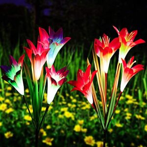 qunlight outdoor solar stake flower lights - 2 pack solar powered decorative lights with 8 lily flower, multi-color changing led for garden, lawn,patio, pond,backyard, etc(purple and red)