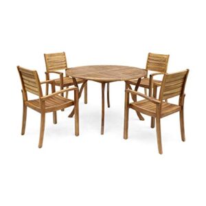 christopher knight home payne outdoor 4-seater round acacia wood dining set, teak finish