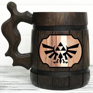 legend of zelda mug. zelda wooden mug gift. zelda stein. zelda ornament triforce gamer mug. beer steins. wooden beer tankard. gifts for gamer k100