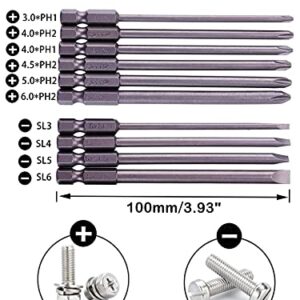 Rocaris 10pcs 1/4 Inch Hex Shank Long Magnetic Screwdriver Bits Set 4 in Power Tools (Slotted+Cross Head)