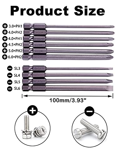 Rocaris 10pcs 1/4 Inch Hex Shank Long Magnetic Screwdriver Bits Set 4 in Power Tools (Slotted+Cross Head)