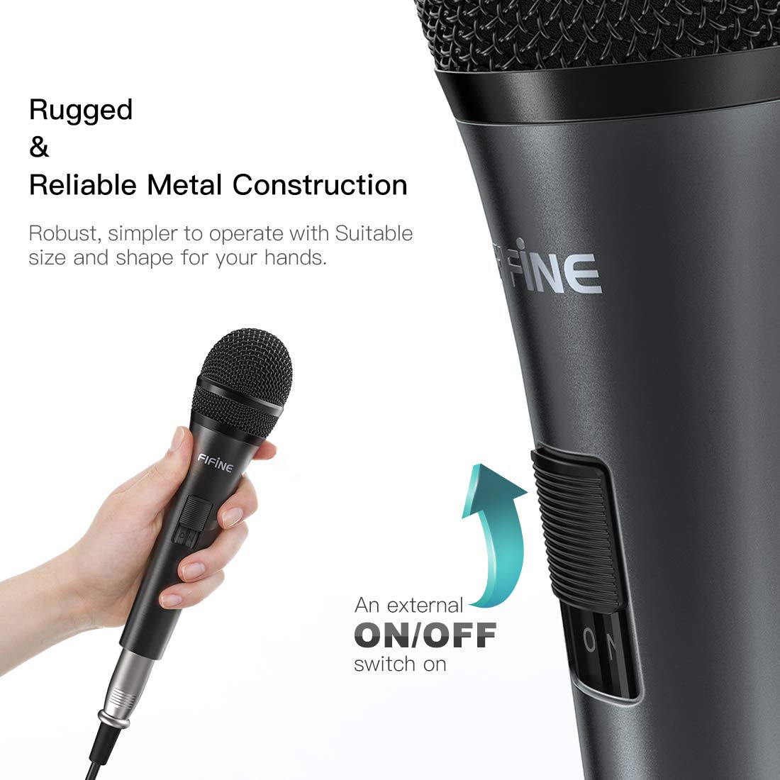 Fifine Karaoke Microphone, Dynamic Vocal Microphone for Speaker,Wired Handheld Mic with On and Off Switch and14.8ft Detachable Cable-K6