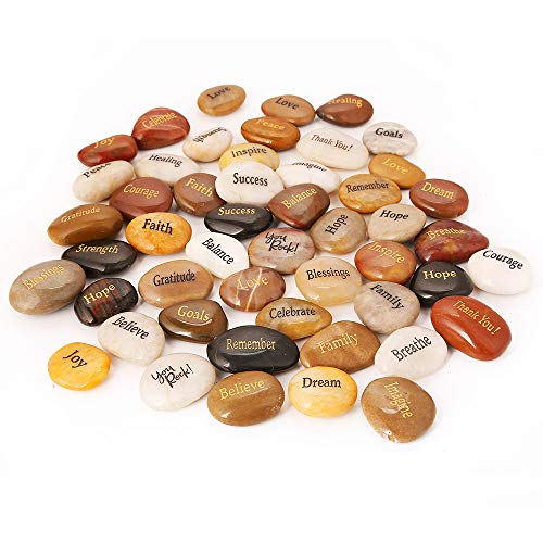 ROCKIMPACT 50PCS Engraved Rocks Different Words Inspirational Stones Bulk Faith Stones Zen Stones Gratitude Rocks Healing Prayer Stones Encouragement Rocks, 2"-3" Each