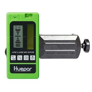 huepar lr-5rg laser detector for laser level - green and red beam receiver for use with pulsing line lasers, two-sided back-lit lcd displays, automatic shut-off timer, clamp included
