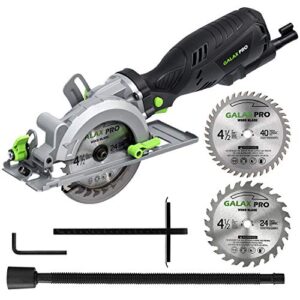 galax pro 5.8 amp 3500 rpm circular saw, max. cutting depth 1-11/16"(90°),1-1/8"(45°）compact saw with 4-1/2" 24t and 40t tct blades, vacuum adapter, blade wrench, and rip guide