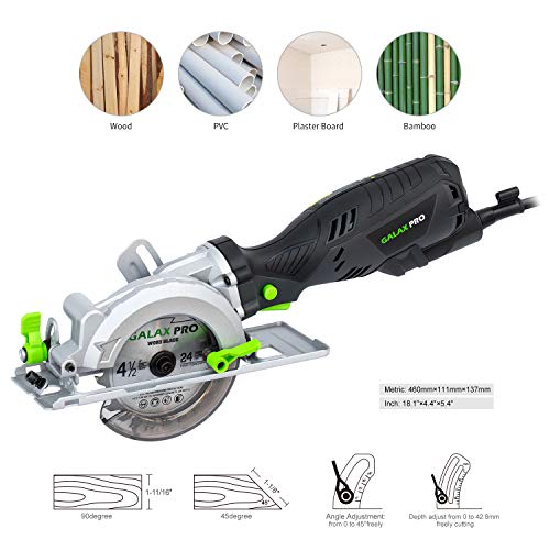 GALAX PRO 5.8 Amp 3500 RPM Circular Saw, Max. Cutting Depth 1-11/16"(90°),1-1/8"(45°）Compact Saw with 4-1/2" 24T and 40T TCT Blades, Vacuum Adapter, Blade Wrench, and Rip Guide