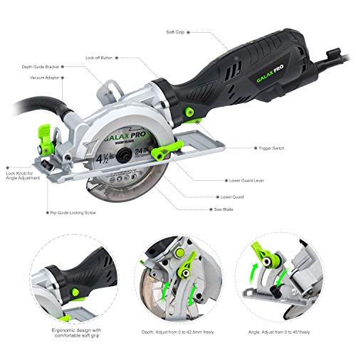 GALAX PRO 5.8 Amp 3500 RPM Circular Saw, Max. Cutting Depth 1-11/16"(90°),1-1/8"(45°）Compact Saw with 4-1/2" 24T and 40T TCT Blades, Vacuum Adapter, Blade Wrench, and Rip Guide