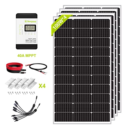 Newpowa 9BB Cell 400 Watt 12V Monocrystalline Solar Panel Kit, 4PCS 100W 12Volt Solar Charger Kit+40A MPPT Charge Controller+Mounting Z Brackets+Cable, High Efficiency Module RV Boat Off Grid System