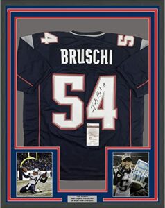 framed autographed/signed tedy bruschi 33x42 new england blue football jersey jsa coa