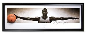 michael jordan autographed chicago bulls wings nike concept poster breaking through display piece with spalding basketball - framed