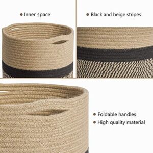 TIMEYARD Sturdy Jute Rope Plant Basket Modern Woven Basket for 10" Flower Pot Floor Indoor Planters, 11” x 11” Storage Organizer Basket Rustic Home Decor, Black and Beige Stripes