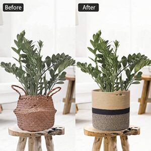 TIMEYARD Sturdy Jute Rope Plant Basket Modern Woven Basket for 10" Flower Pot Floor Indoor Planters, 11” x 11” Storage Organizer Basket Rustic Home Decor, Black and Beige Stripes