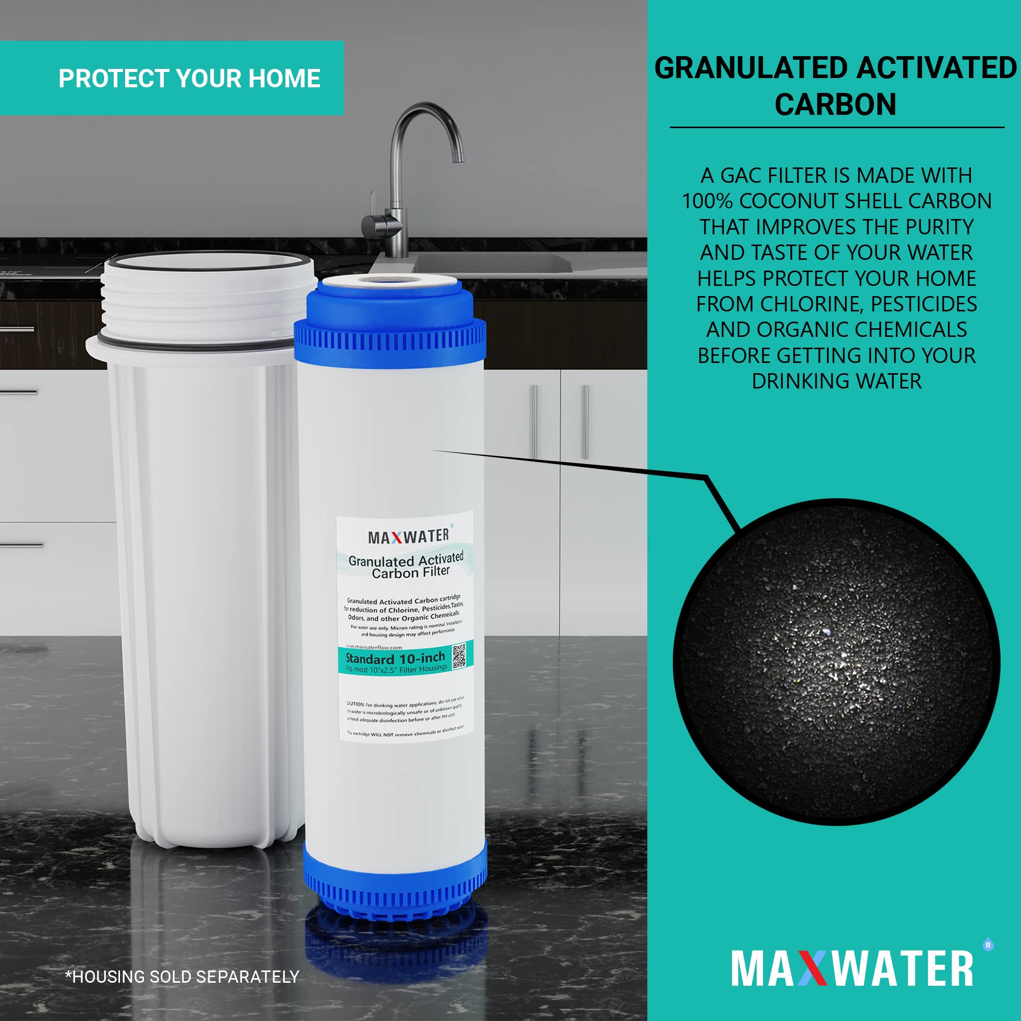 Max Water 10"x 2.5" GAC (Granular Activated Carbon) Water Filter Replacement Cartridge Compatible with 10" Standard Whole House and RO Water Filtration Systems, Coconut Shell Carbon - Pack of 25