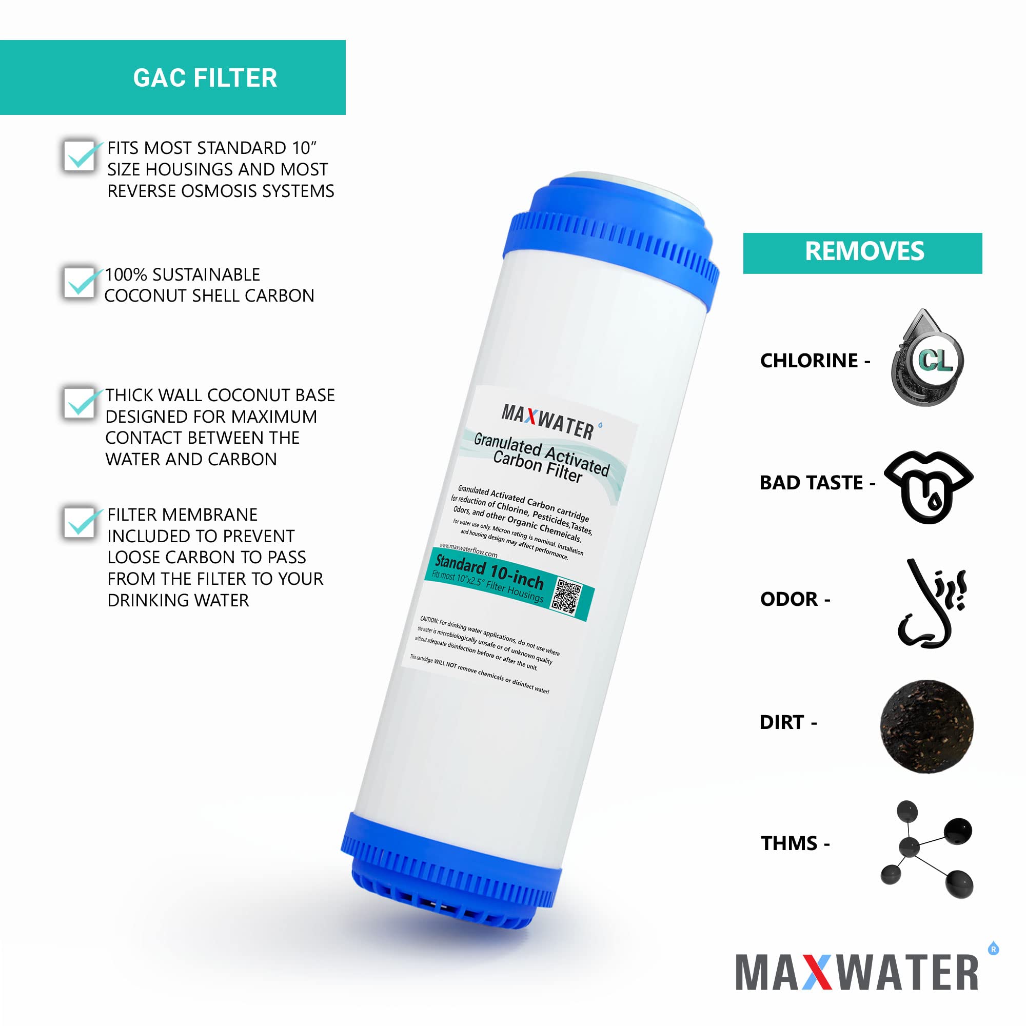 Max Water 10"x 2.5" GAC (Granular Activated Carbon) Water Filter Replacement Cartridge Compatible with 10" Standard Whole House and RO Water Filtration Systems, Coconut Shell Carbon - Pack of 25