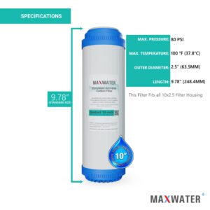 Max Water 10"x 2.5" GAC (Granular Activated Carbon) Water Filter Replacement Cartridge Compatible with 10" Standard Whole House and RO Water Filtration Systems, Coconut Shell Carbon - Pack of 25