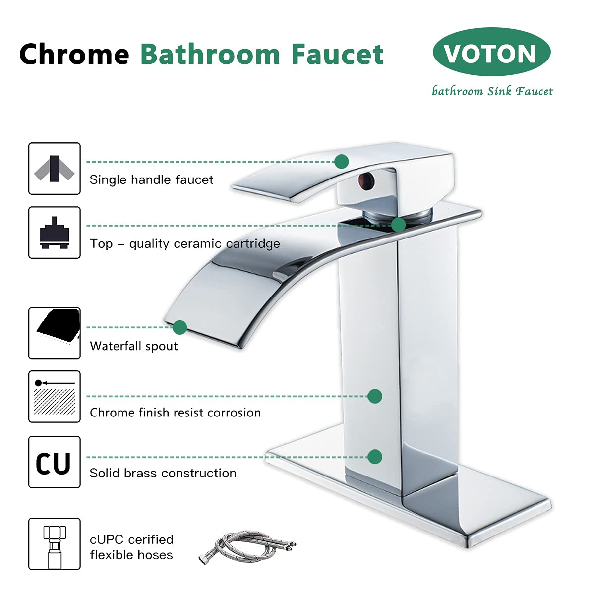 VOTON Bathroom Chrome Faucet for Sink Single Handle 1 Hole with 3 Hole Deck Plate, Rv Lavatory Vessel Faucet