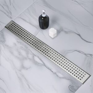 ushower 48 inch long linear shower drain with removable square pattern grate, sus304 stainless steel, includes hair strainer, brushed nickel