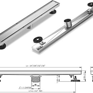 USHOWER 24-Inch Linear Shower Drain with Reversible 2-in-1 Tile Insert Cover, SUS304 Stainless Steel, Includes Hair Strainer, Brushed Nickel