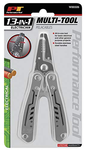 Performance Tool W86506 13-in-1 Electrician Multi-Tool (Wire Strippers, Long Nose Pilers, Wire Cutters and more) Strip & Cut 10 to 18 AWG Solid Wire