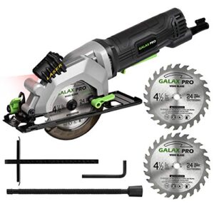 galax pro 4amp 3500rpm circular saw with laser guide, max. cutting depth1-11/16"(90°), 1-1/8"(45°）compact saw with 4-1/2" 24t tct blade, vacuum adapter, blade wrench, and rip guide