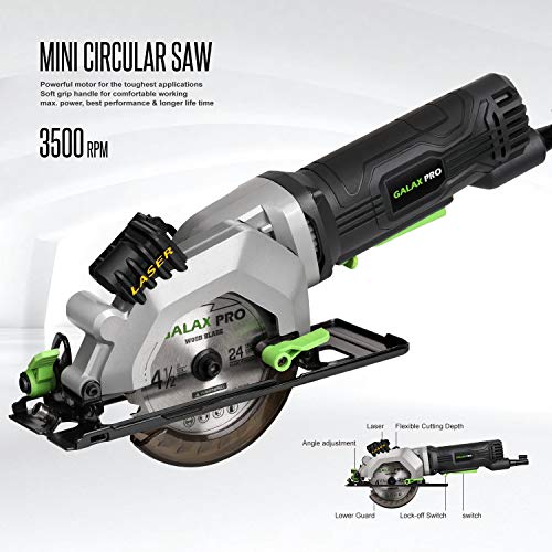 GALAX PRO 4Amp 3500RPM Circular Saw with Laser Guide, Max. Cutting Depth1-11/16"(90°), 1-1/8"(45°）Compact Saw with 4-1/2" 24T TCT Blade, Vacuum Adapter, Blade Wrench, and Rip Guide